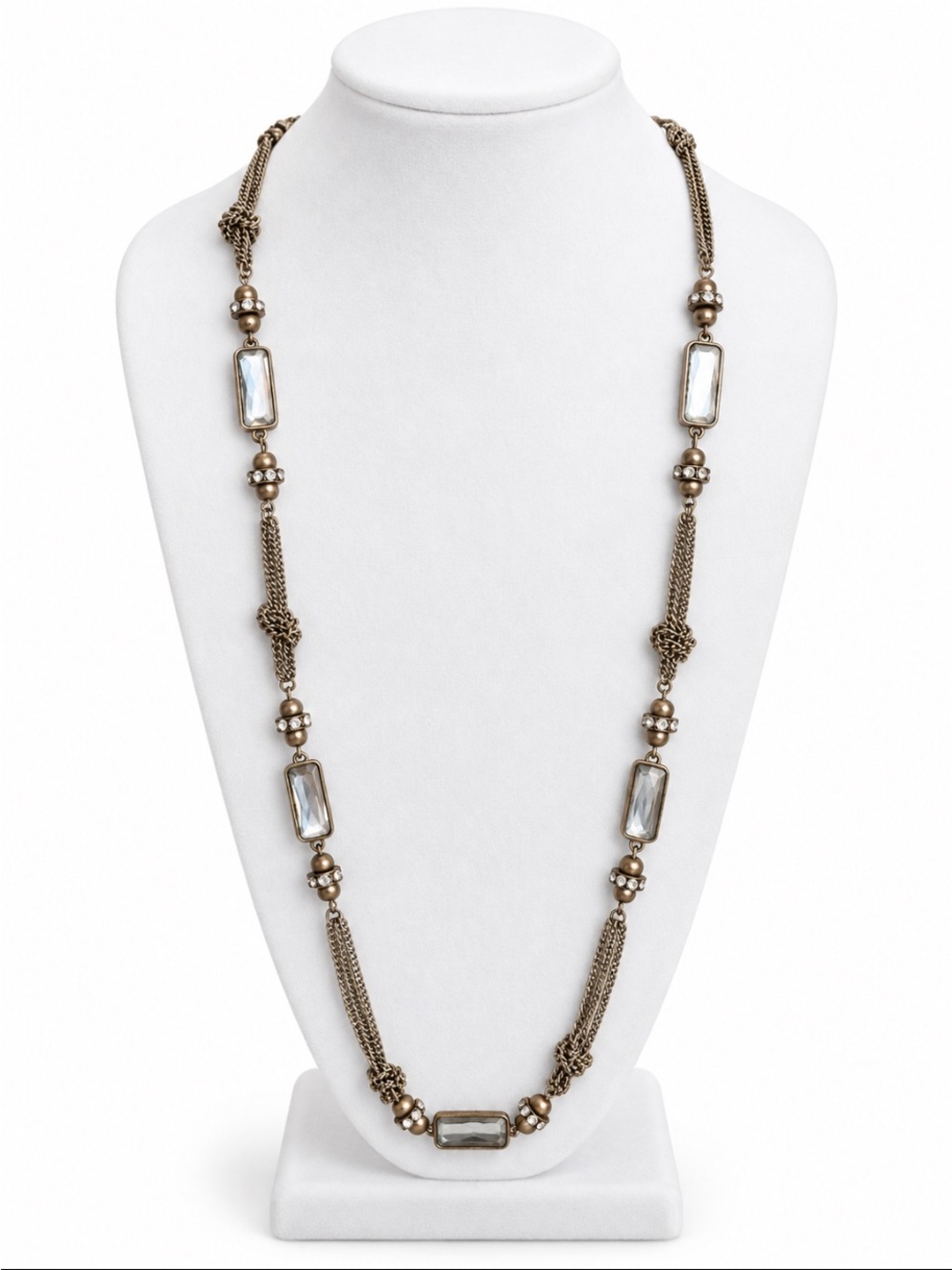 Long Gold-Tone Chain Necklace with Rectangular Crystal Accents